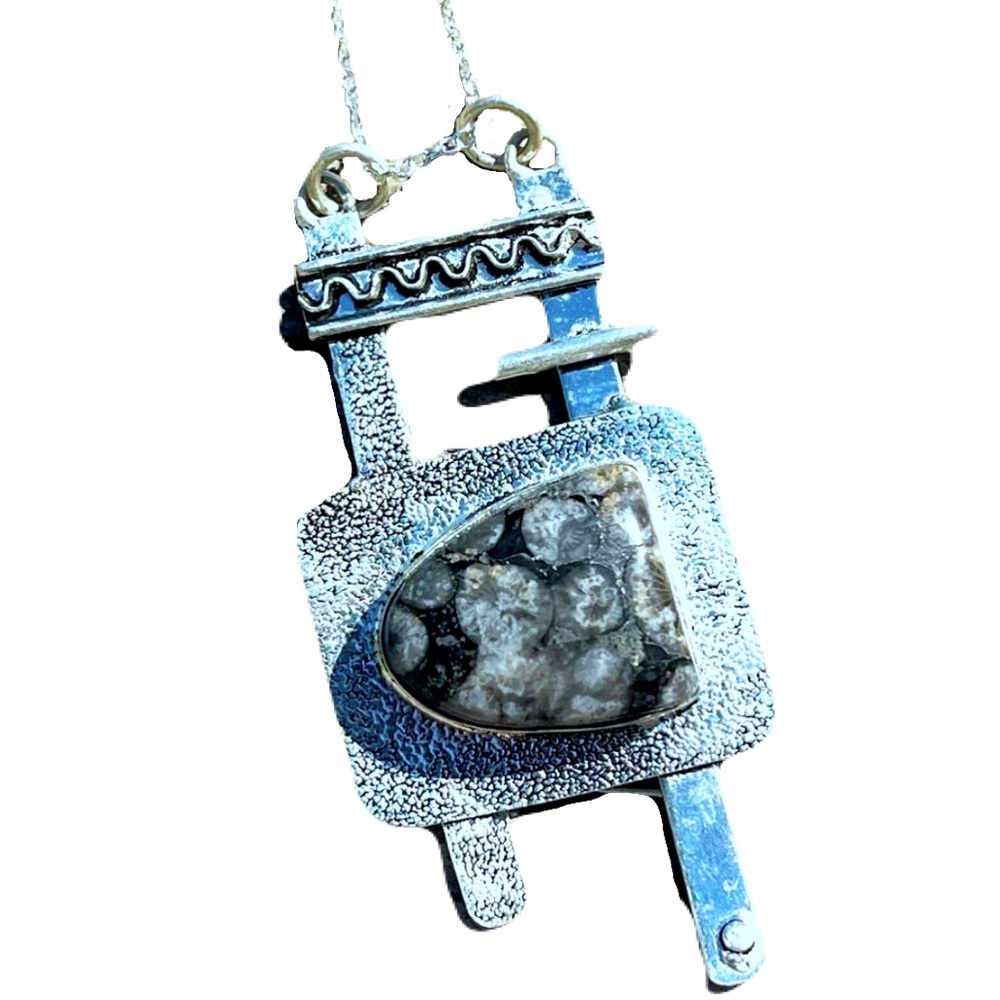New 925 Sterling Silver Turritella Agate Coral Fossil Artisan Geometric Necklace - Picture 3 of 17